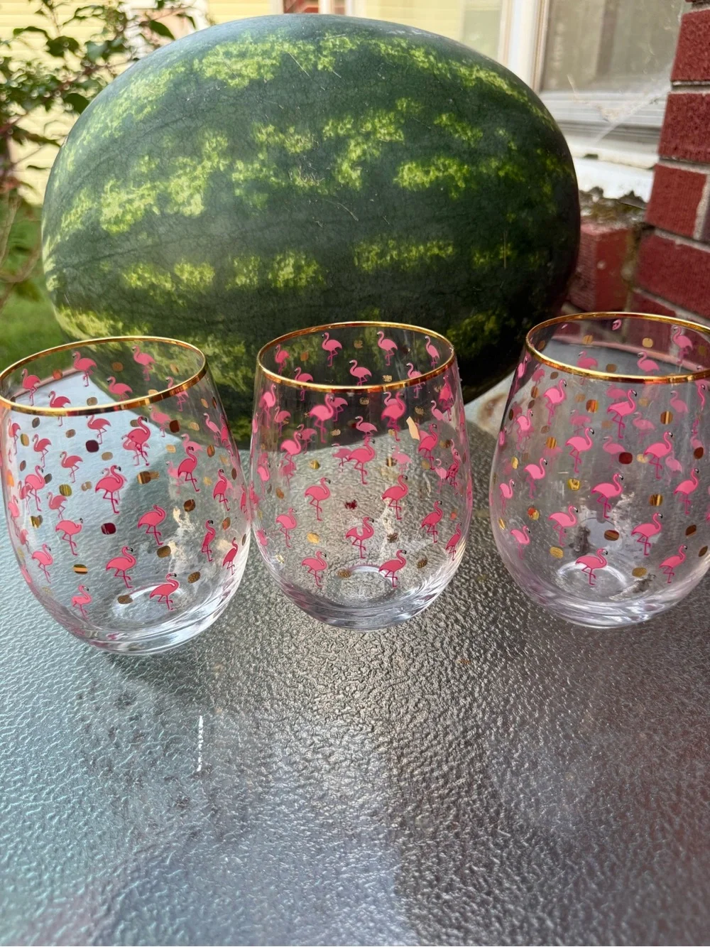 Stemless Wine Glasses with Pink Flamingo and Gold Dot Accents